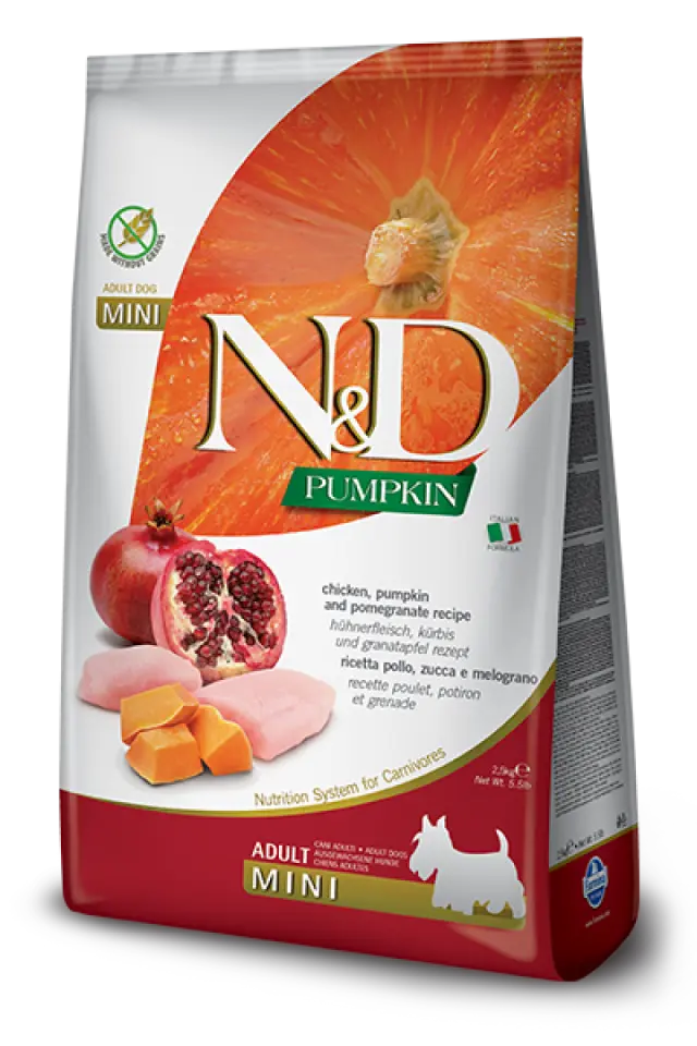 Фото Корм для собак Фарміна з куркою N&D Grain Free PUMPKIN CHICKEN & POMEGRANATE ADULT MINI купити за ціною ₴1236.00